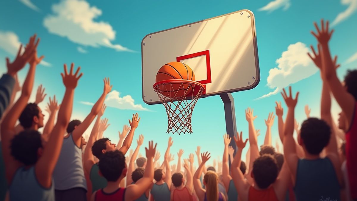 A basketball hoop with a ball in the air while a crowd cheers.