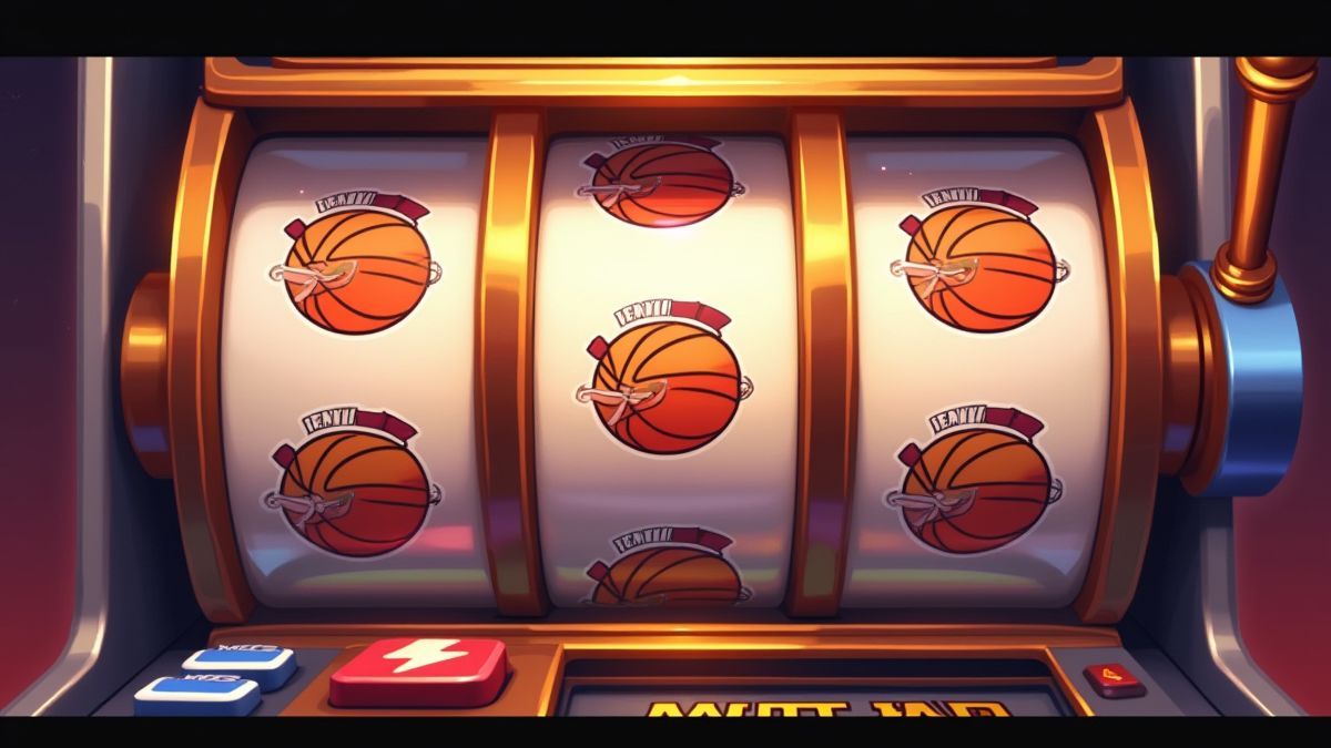 A slot machine with symbols of basketballs, cheerleaders, and referees spinning.