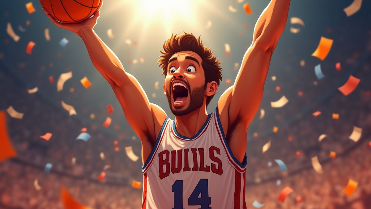 A basketball player celebrating a victory surrounded by confetti.