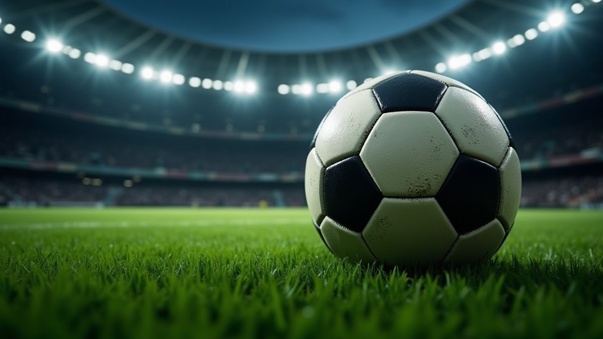 Balão de futebol no gramado do estádio com iluminação dramática.