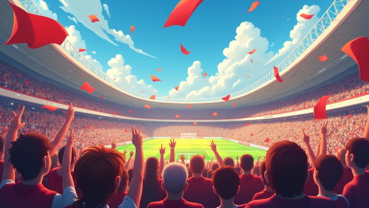 Fãs animados em um estádio agitando bandeiras e animando.