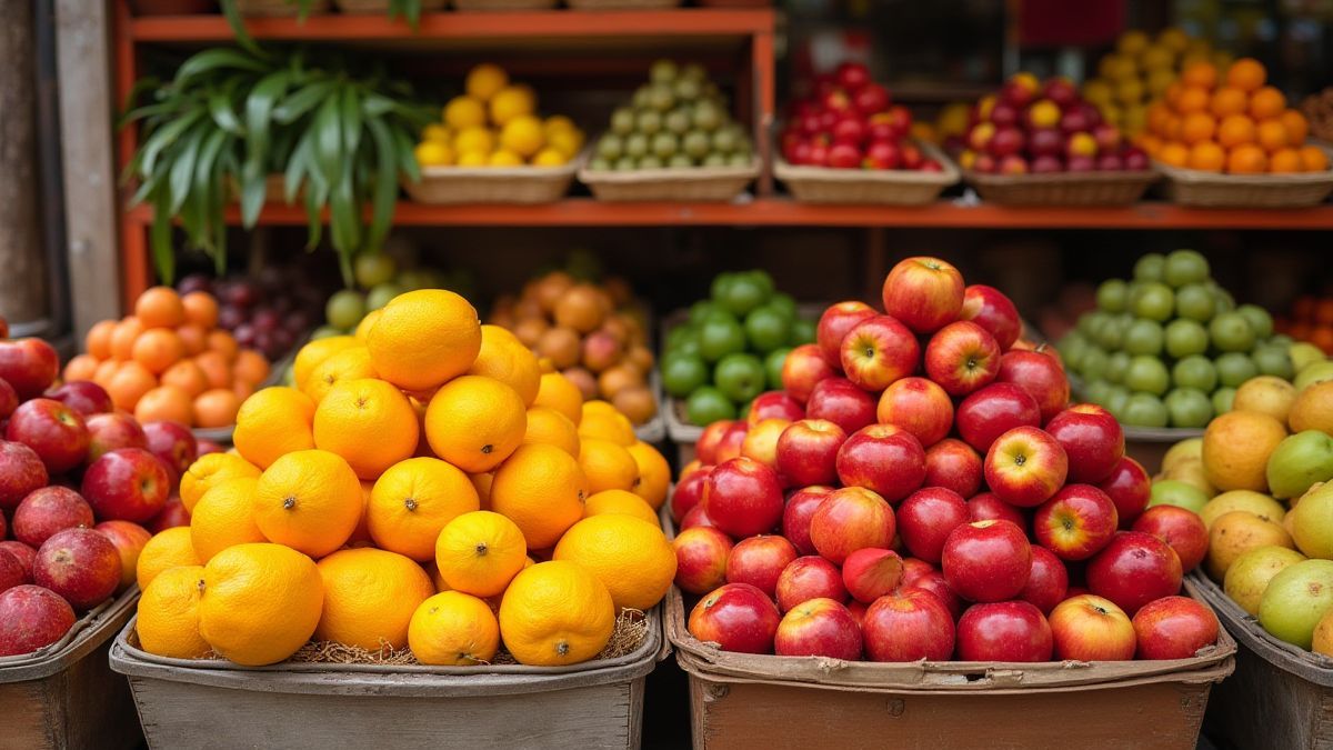 Een markt vol levendige en kleurrijke vruchten op houten stallen.