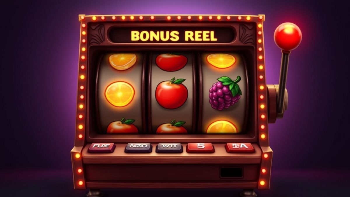 Retro slot machine with glowing fruit symbols.
