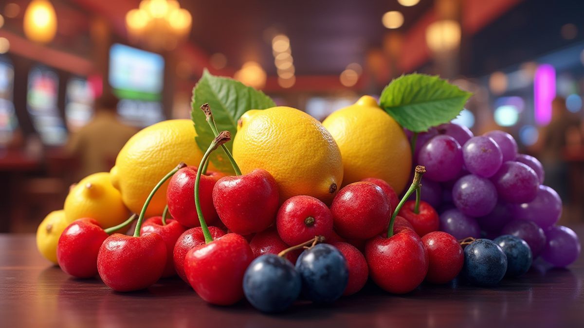 Symboles de fruits colorés dans un environnement de casino.