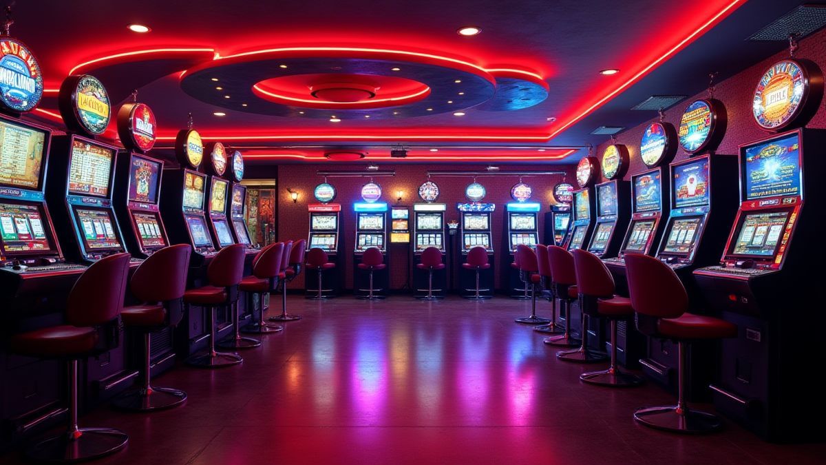 Un casino rétro avec des lumières de néon brillantes.