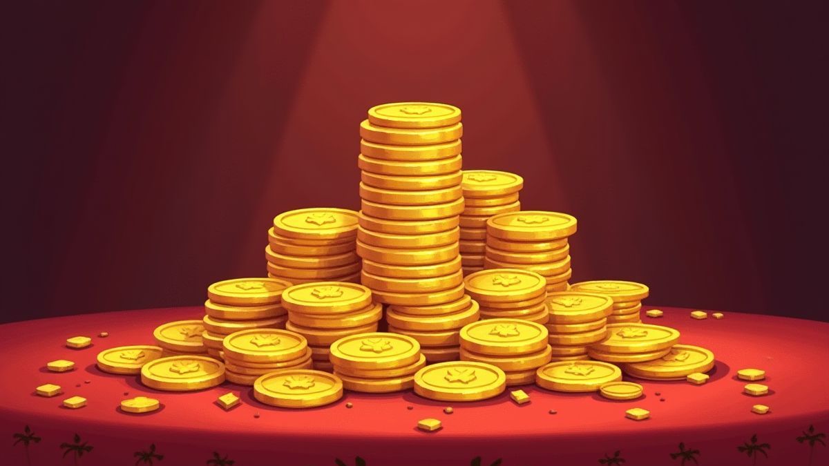 Monedas de oro apiladas sobre una mesa de terciopelo.