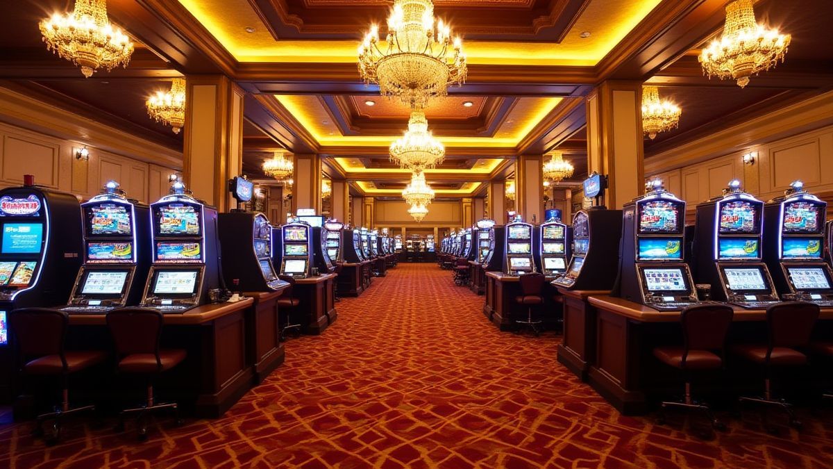 Interior de un casino lujoso con candelabros y detalles dorados.