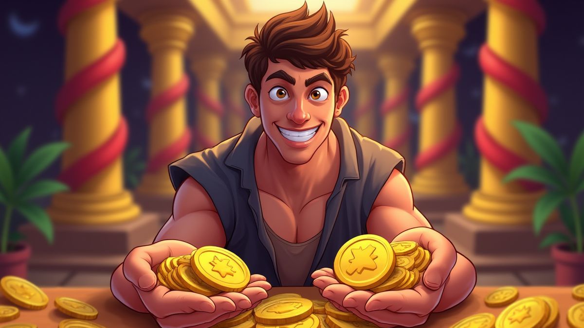 Jugador sosteniendo monedas de oro en un ambiente lujoso.