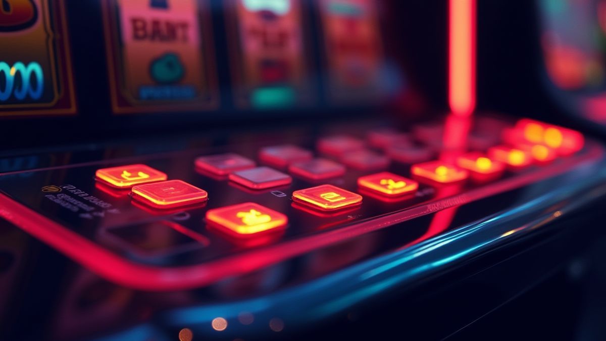 Steuerpanel einer Spielautomaten mit hellen Tasten.