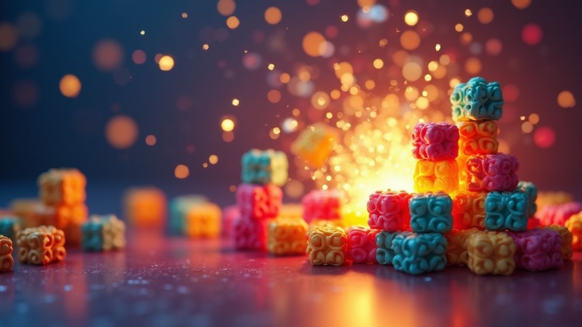 Colorful blocks stacked with a prize explosion effect.