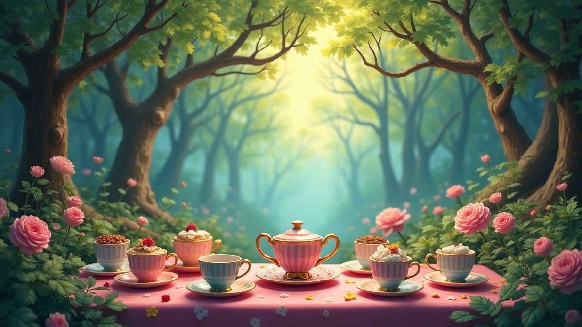 Una escena de té mágica con tazas de colores y pasteles en un bosque.