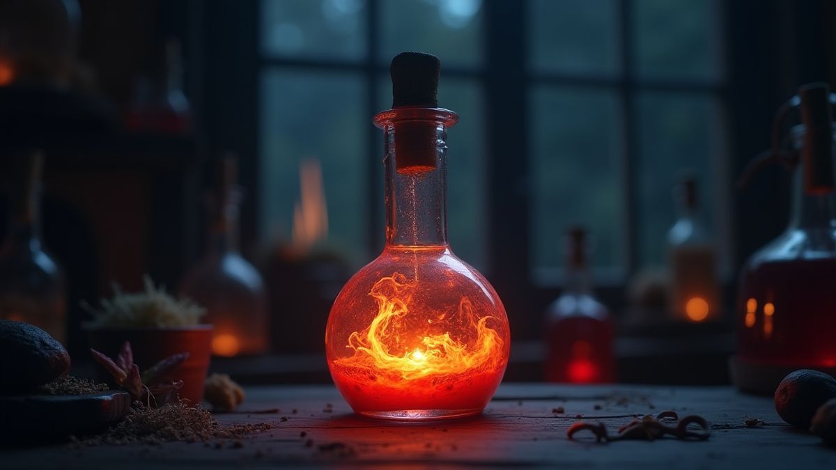 Una botella de poción brillante en un laboratorio mágico.