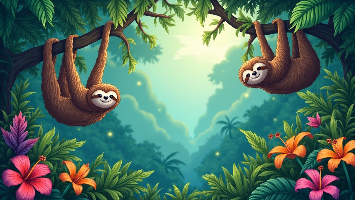 A tropical jungle with sloths and exotic flowers.