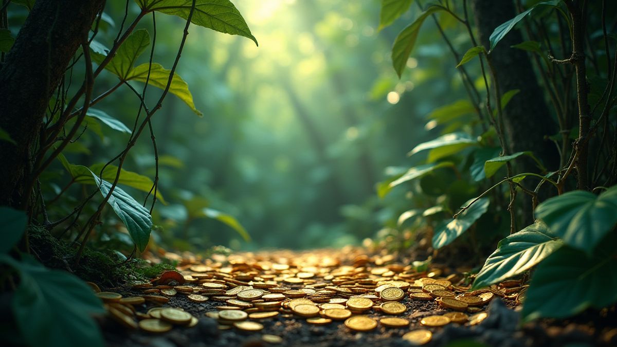 Golden coins in a tropical jungle.