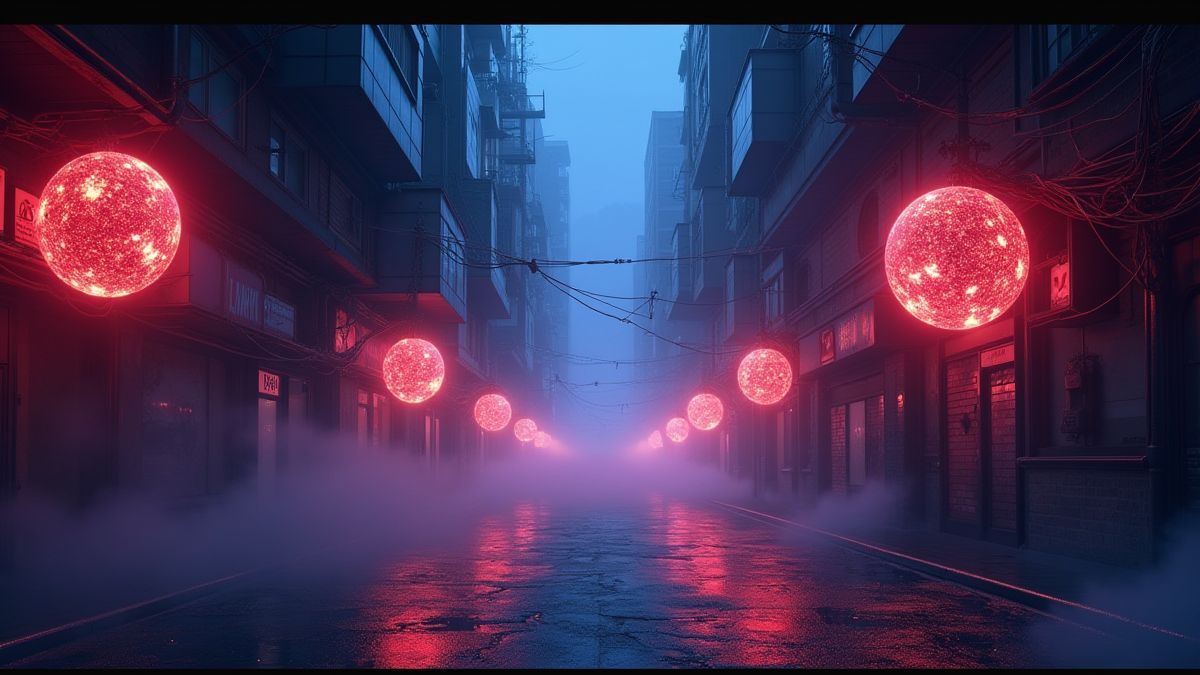 Uma rua misteriosa com luzes de néon e esferas de energia brilhantes.