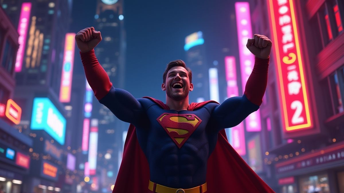 Super-herói celebrando uma grande vitória em uma cidade iluminada por néon.