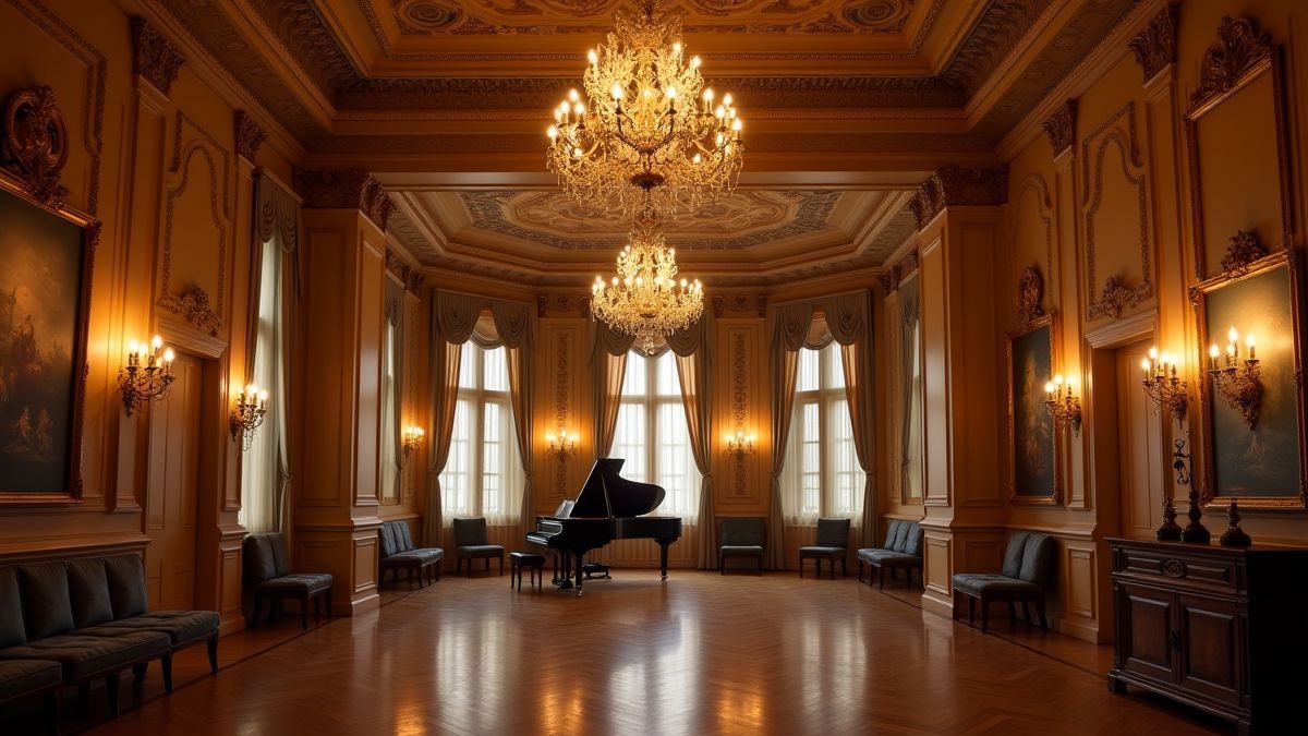 Um salão de baile real com candelabros e decoração elegante.