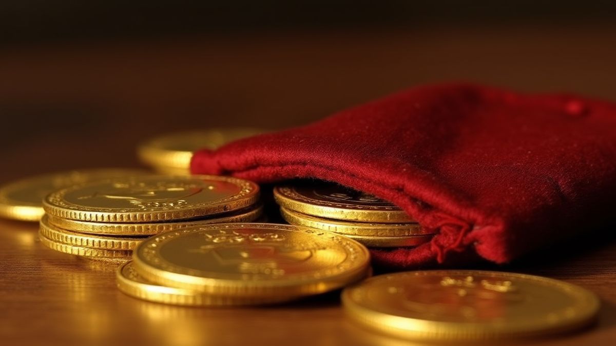 Moedas douradas brilhantes dentro de uma bolsa de terciopelo.
