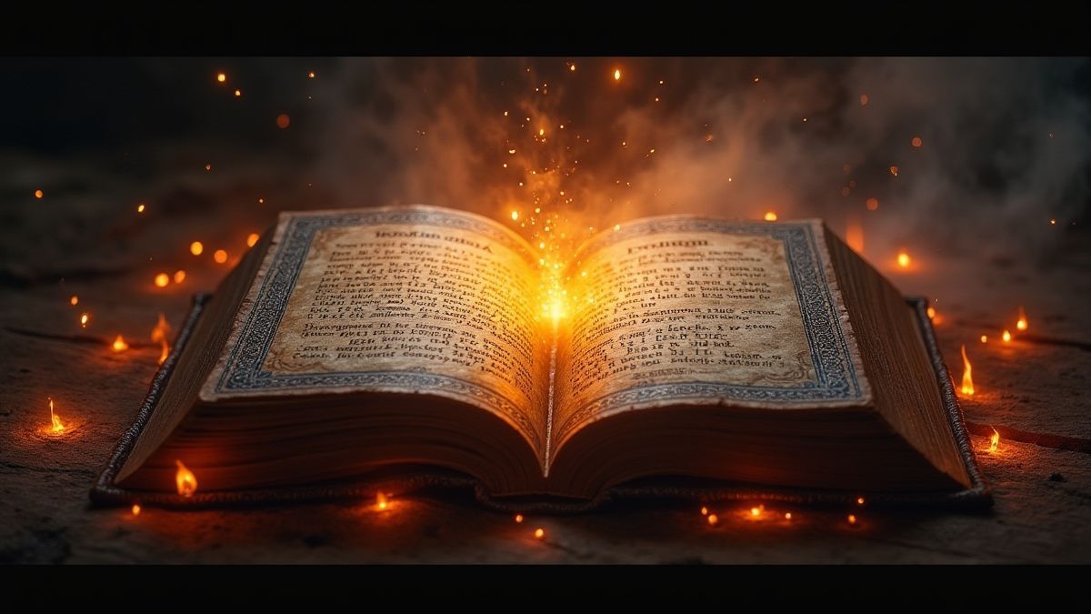 An ancient spellbook surrounded by glowing runes and magical light.