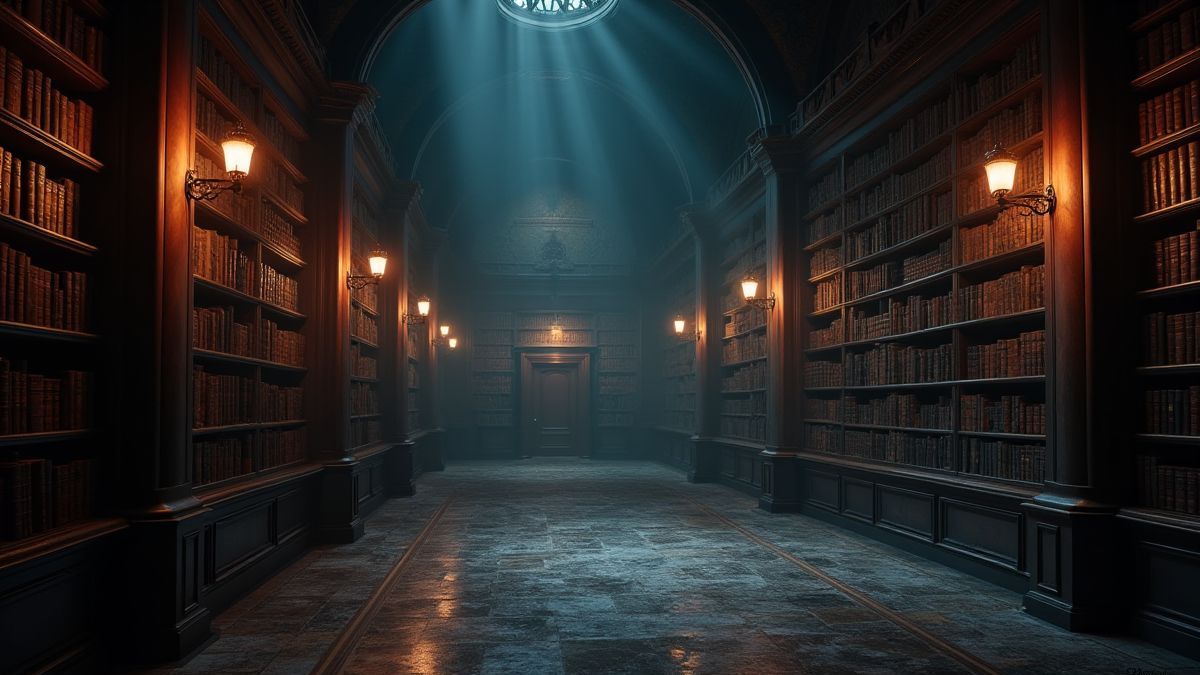 A mystical library dimly lit with floating magical light sources.