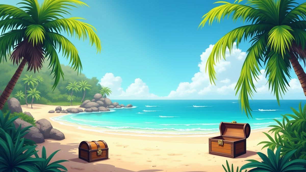 A tropical island with palm trees and treasure chests on the sand.