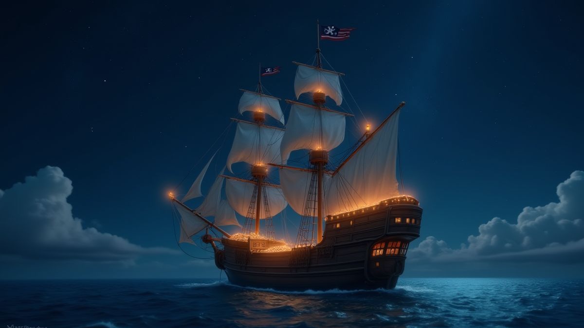 A pirate ship sailing under a starry sky with glowing treasure chests on its deck.