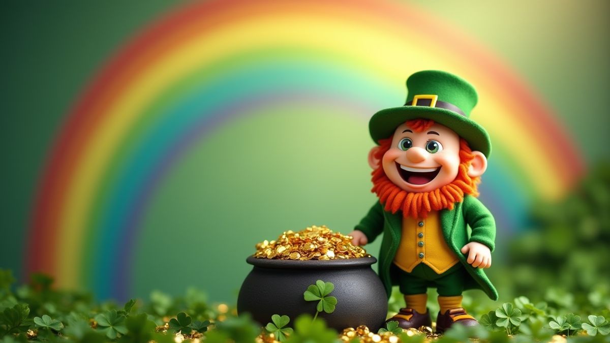 Leprechaun junto a um caldeirão de ouro na Irlanda