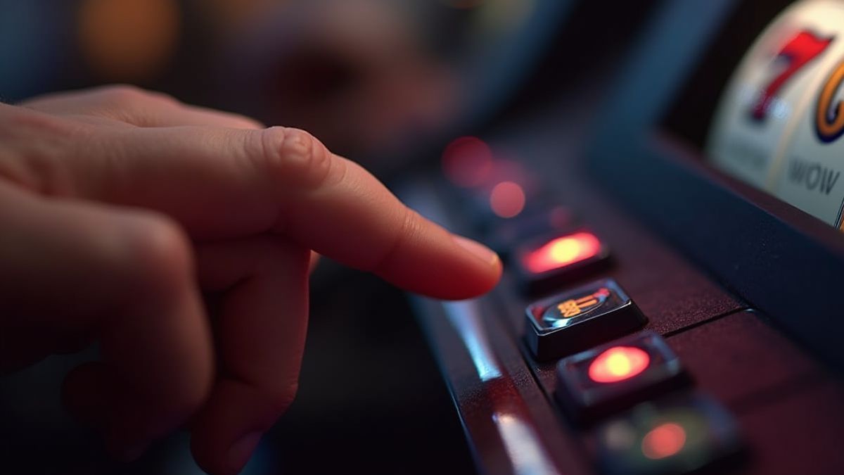 Hand pressing the spin button on a slot machine