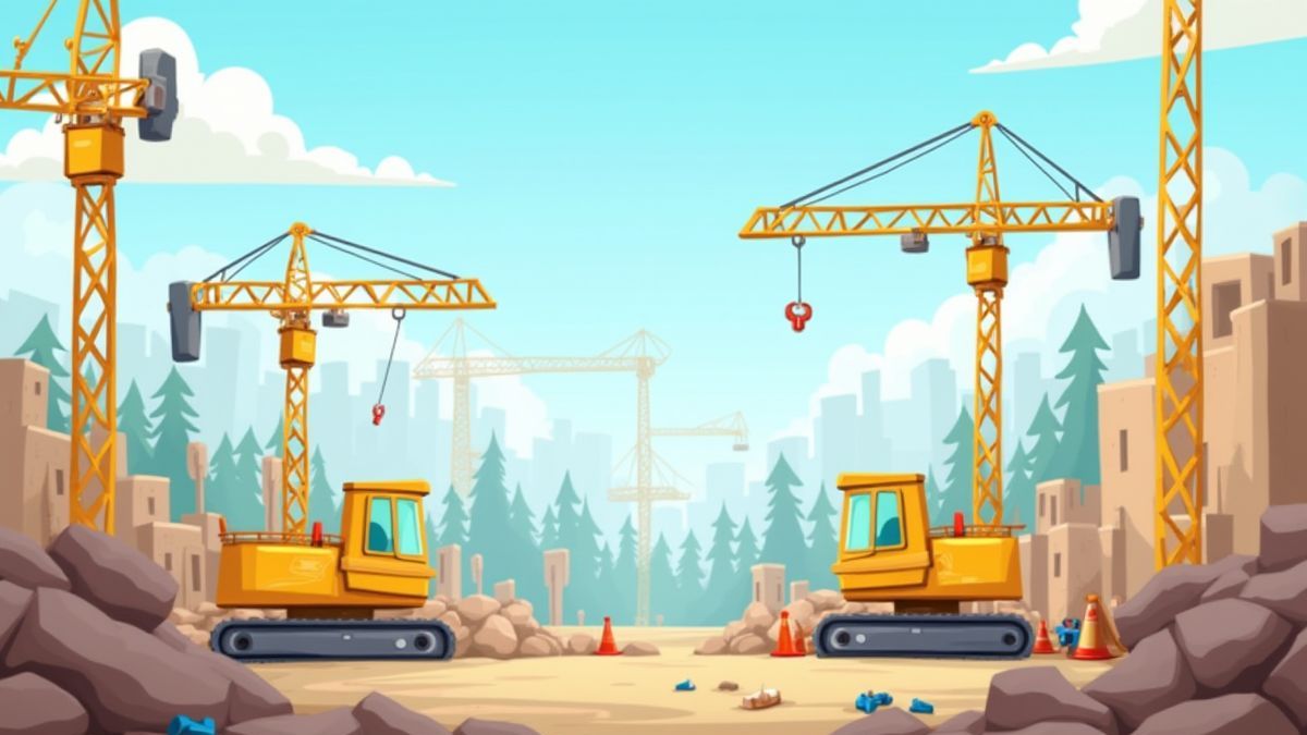 An animated construction site with cranes and tools.