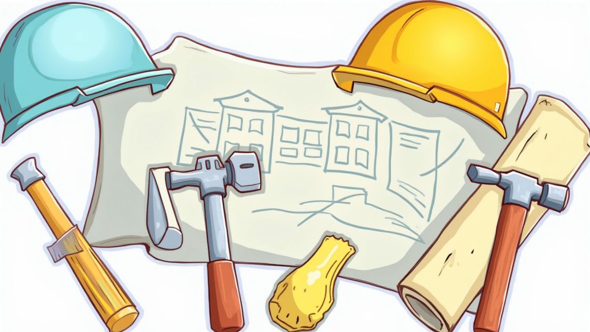 Animated construction tools like hammers and blueprints in cartoon style.