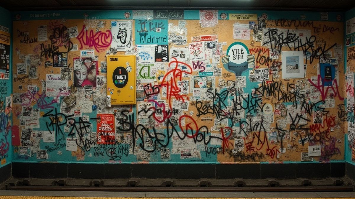 Subway wall with graffiti and posters.