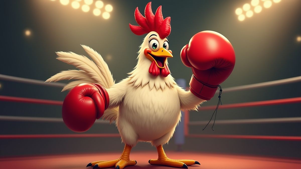 Chicken with boxing gloves in a fighting ring.