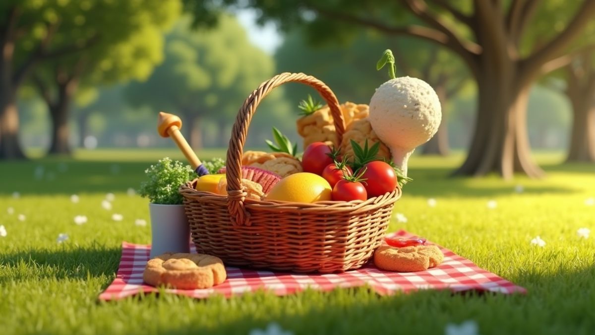 Panier de picnic rempli de nourriture délicieuse dans un parc.