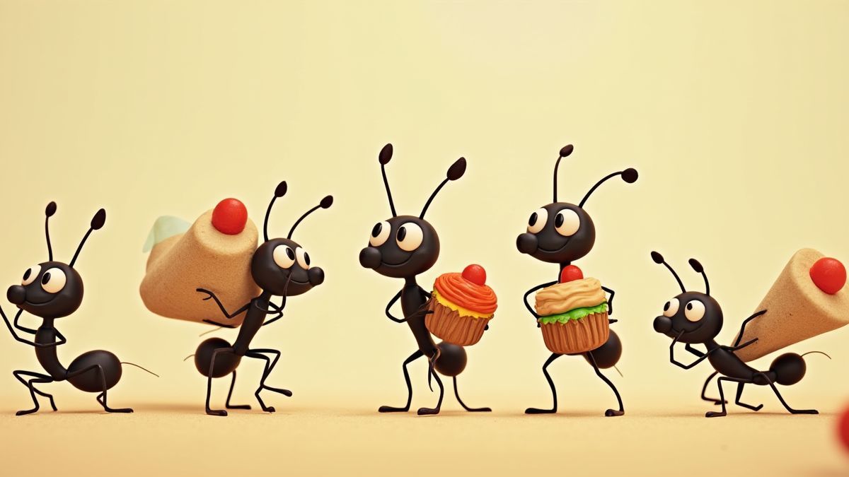 Fourmis portant de la nourriture dans une scène animée.