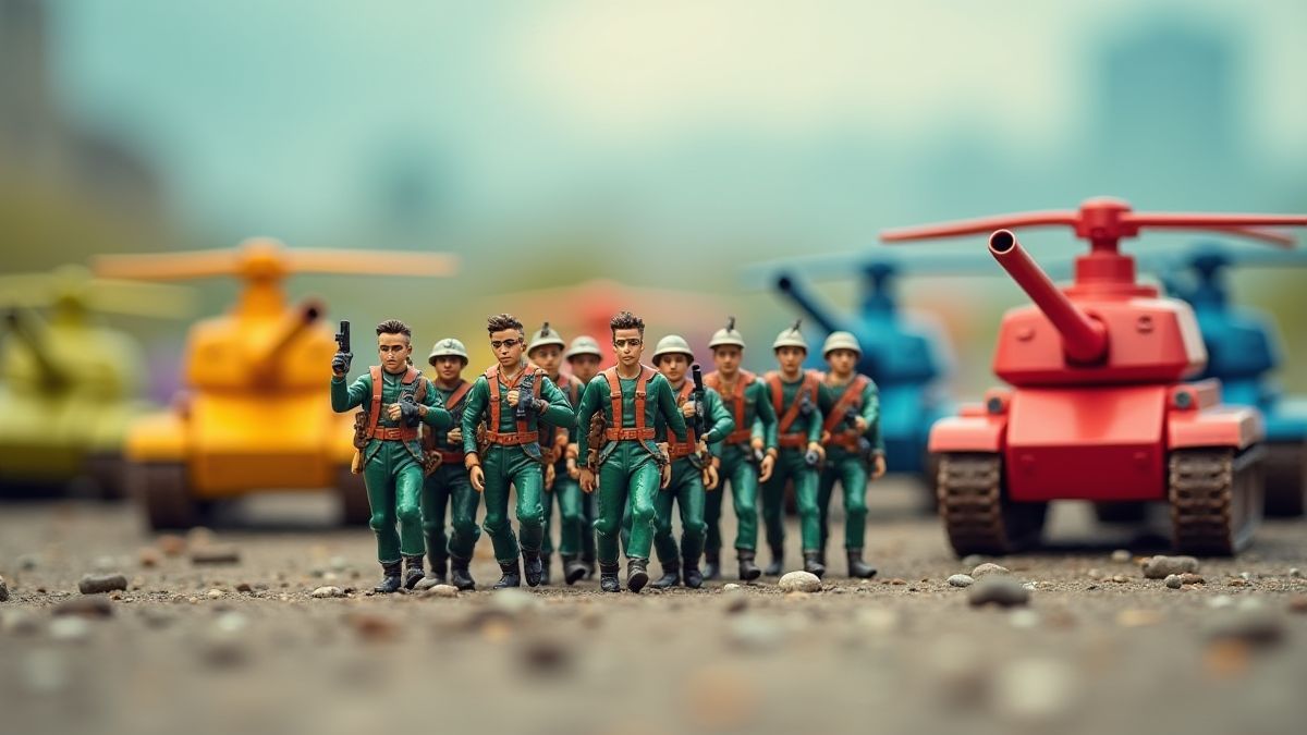 Soldados de juguete marchando con tanques y helicópteros.