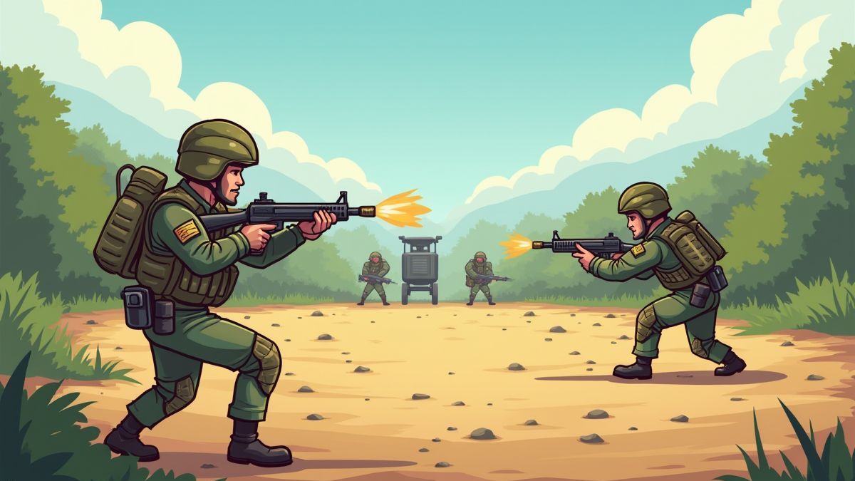 Campo de entrenamiento militar animado con soldados practicando tiro.