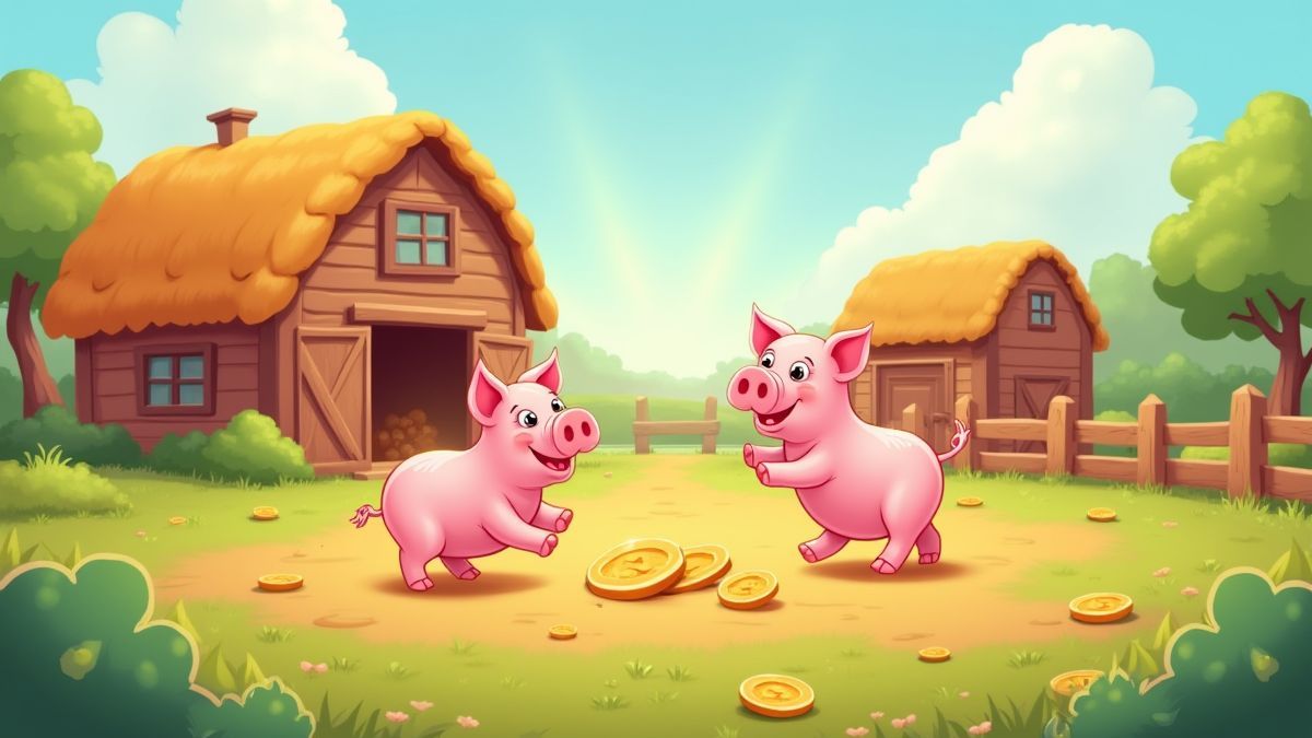 Een boerderij met varkentjes die spelen en verspreide munten.