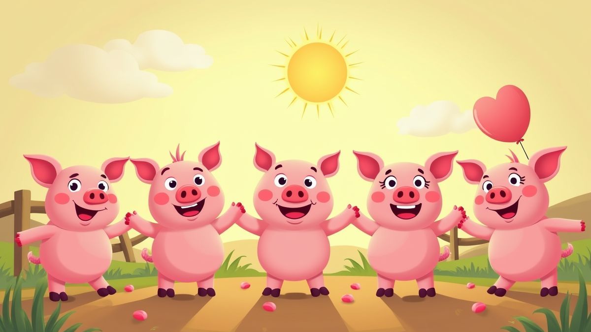 Varkentjes die vieren op een boerderij onder een zonnige lucht.