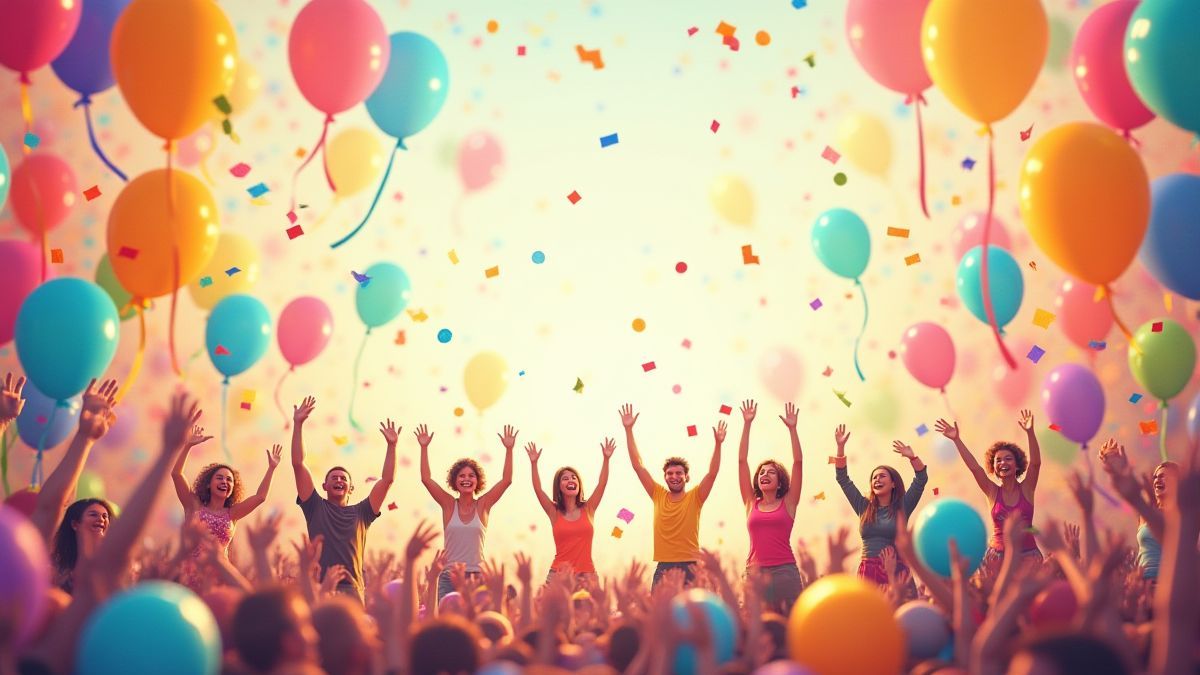 Scène d'un festival coloré avec des ballons et des personnages heureux.