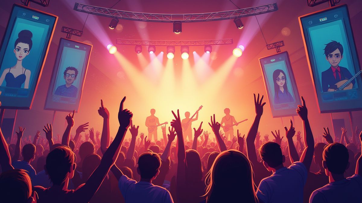 Festival de musique animé avec des haut-parleurs et des instruments.