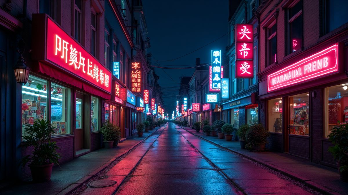 Rue urbaine avec des lumières néon et des éléments rétro.