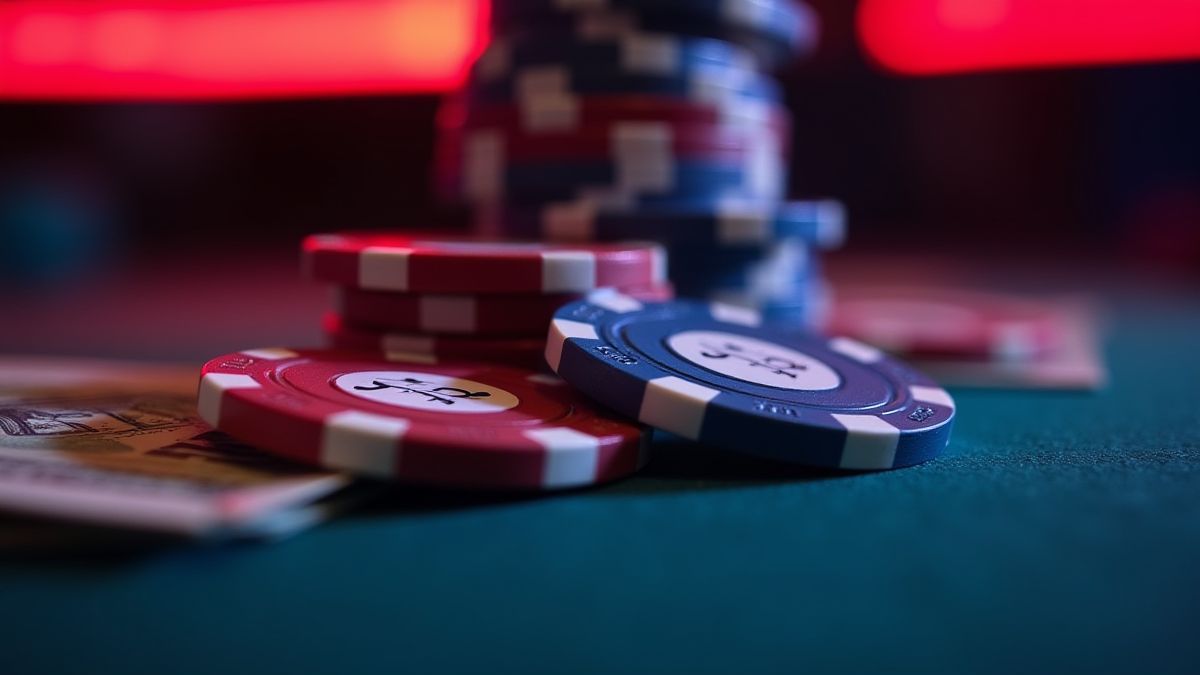 Jetons de casino et argent sur une table éclairée par des lumières néon.