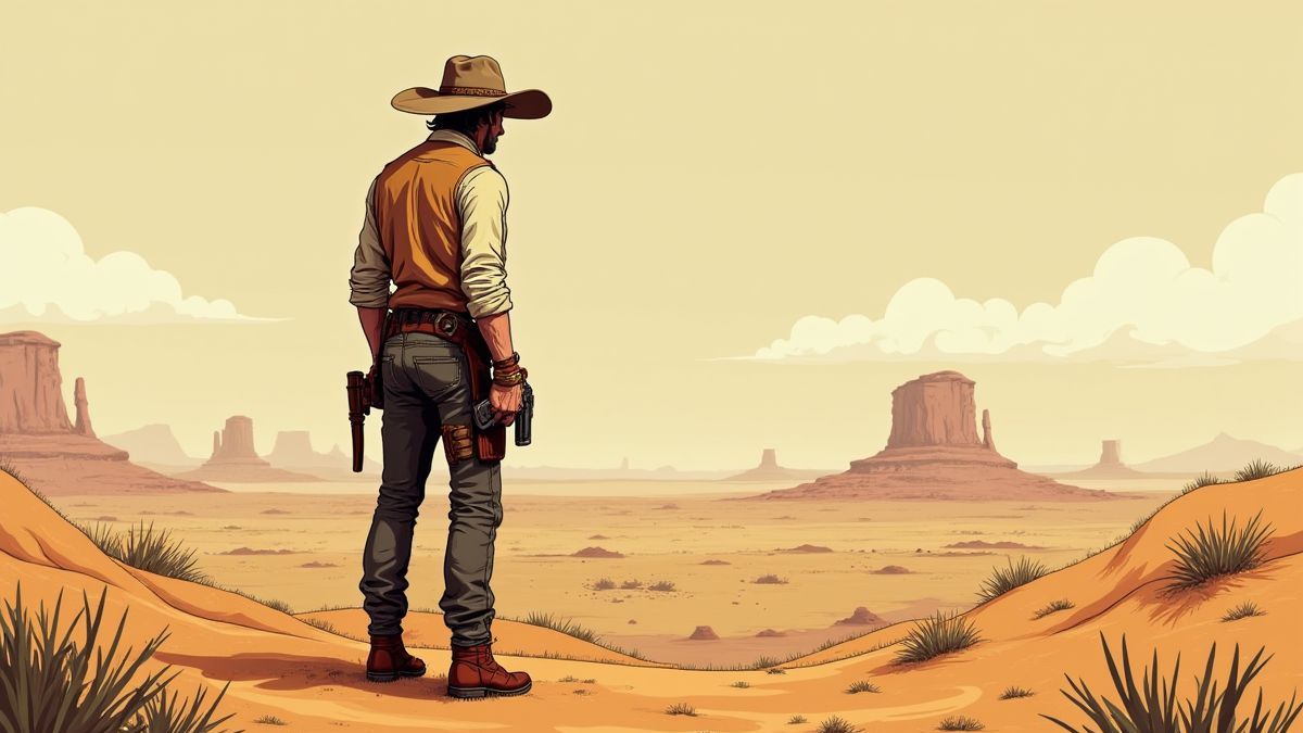 Een cowboy met een revolver in de woestijn.