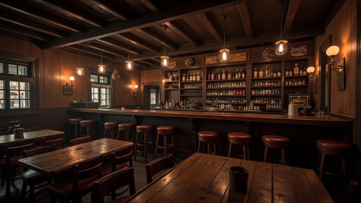 Een interieur van een saloon met houten tafels en een bar.