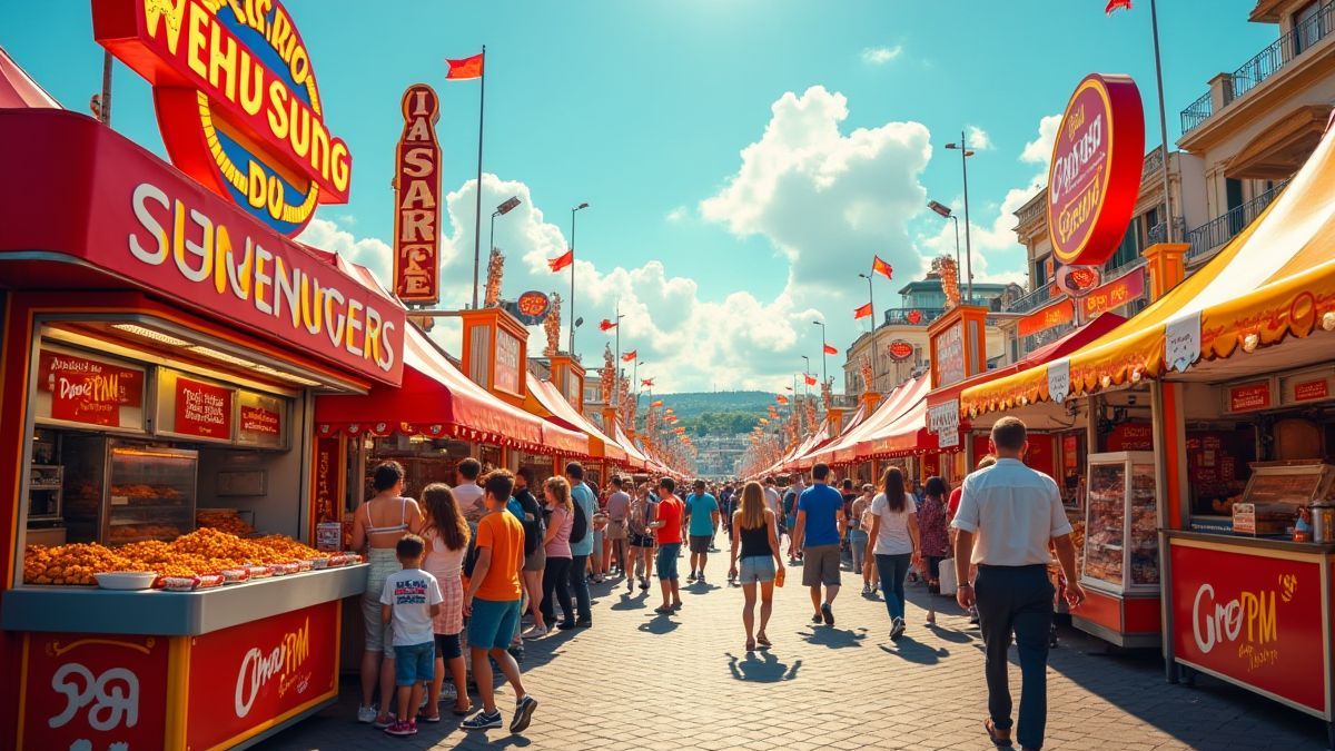 Een voedselfestival met kleurrijke kraampjes van hamburgers en popcorn.
