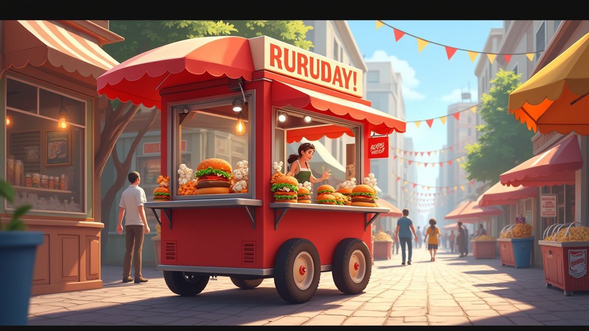 Animatiewagen met hamburgers en popcorn.