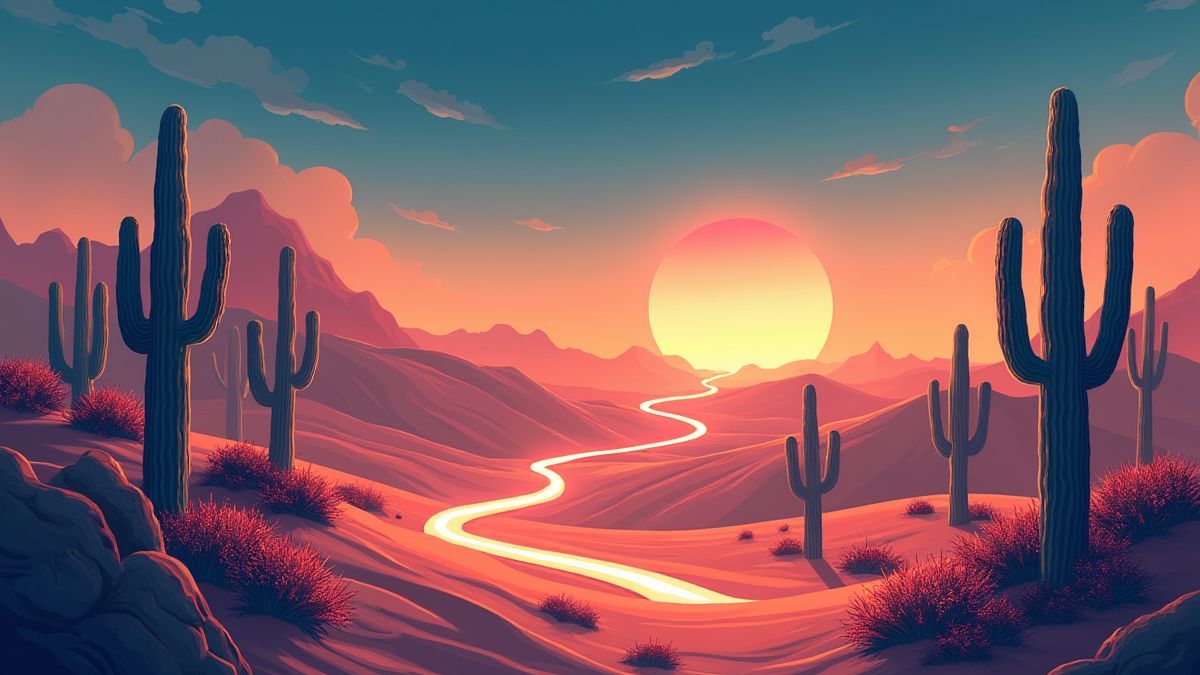 Desert landscape with cacti and a glowing snake slithering across the sand.