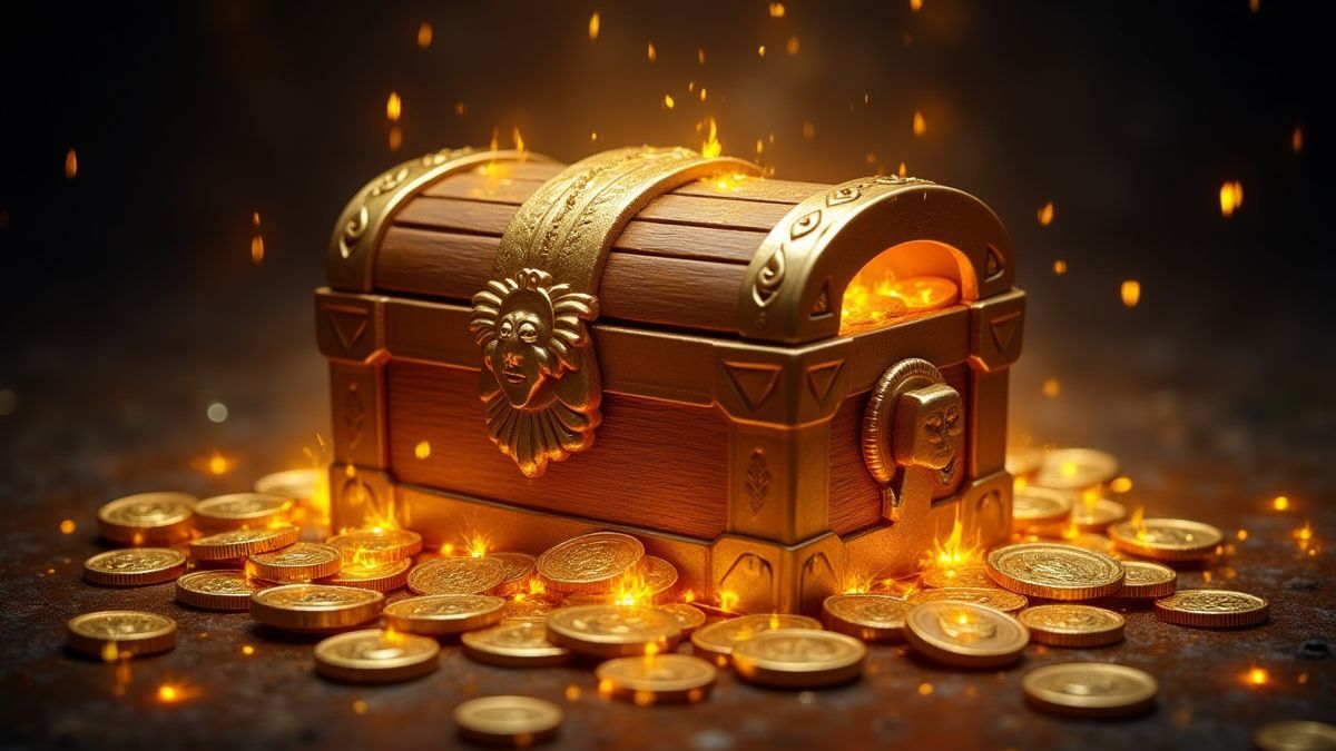 Glowing treasure chest surrounded by gold coins and jewels.