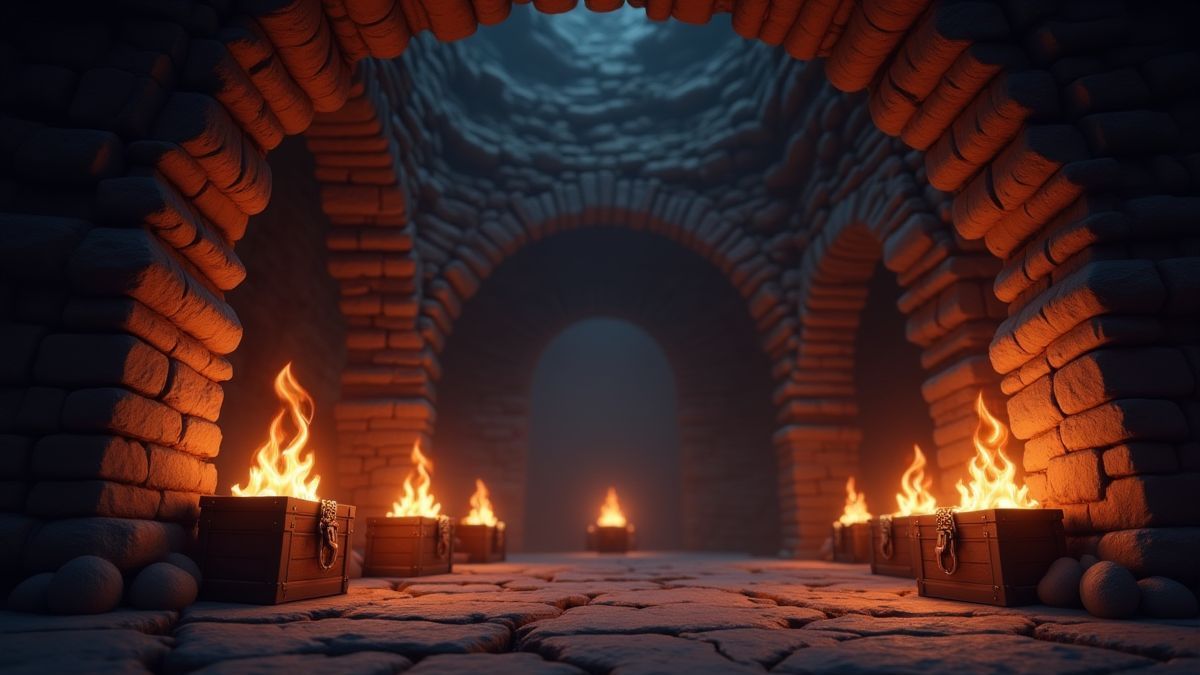 Mazmorra médiévale avec des coffres de trésor et des torches brillantes.