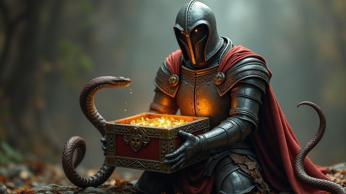 Chevalier médiéval tenant un coffre au trésor tandis qu'une serpiente guette.